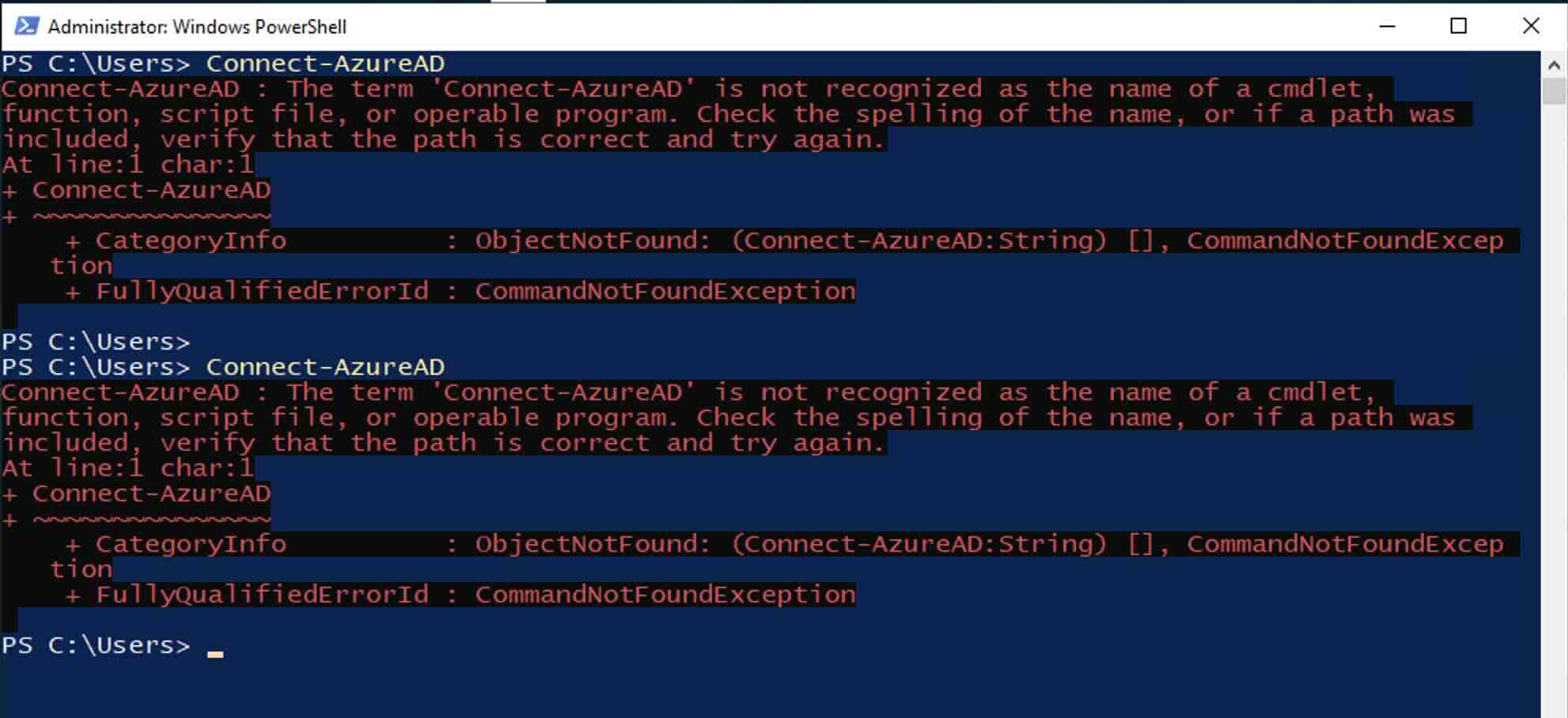The term Connect-AzureAD is not recognized as the name of a cmdlet